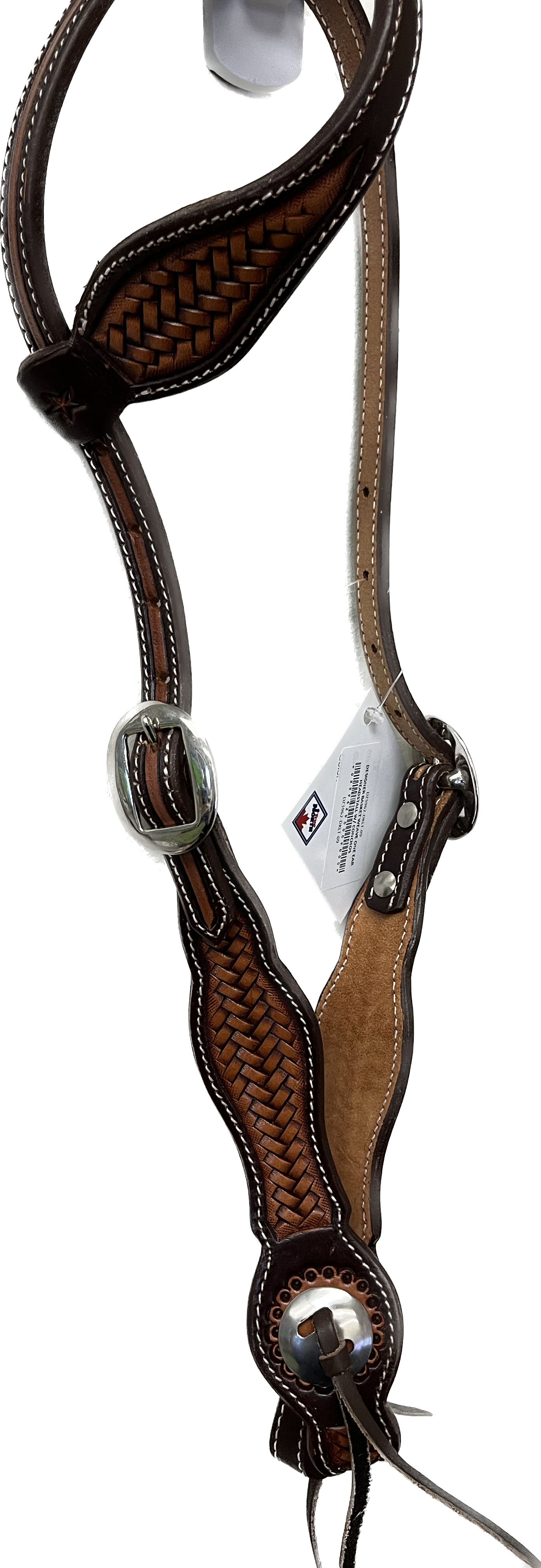 True North - Leather One Ear Headstall Designer Basketweave w/Center Concho Two Tone