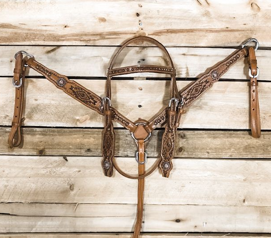 1D Saddlery - Aztec Tooled Pony Headstall and Breastcollar Set