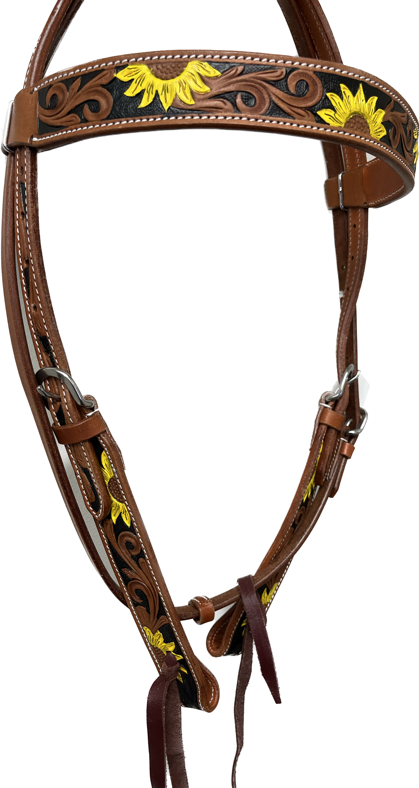 True North - Leather Browband - Wide w/carved and painted Sunflowers