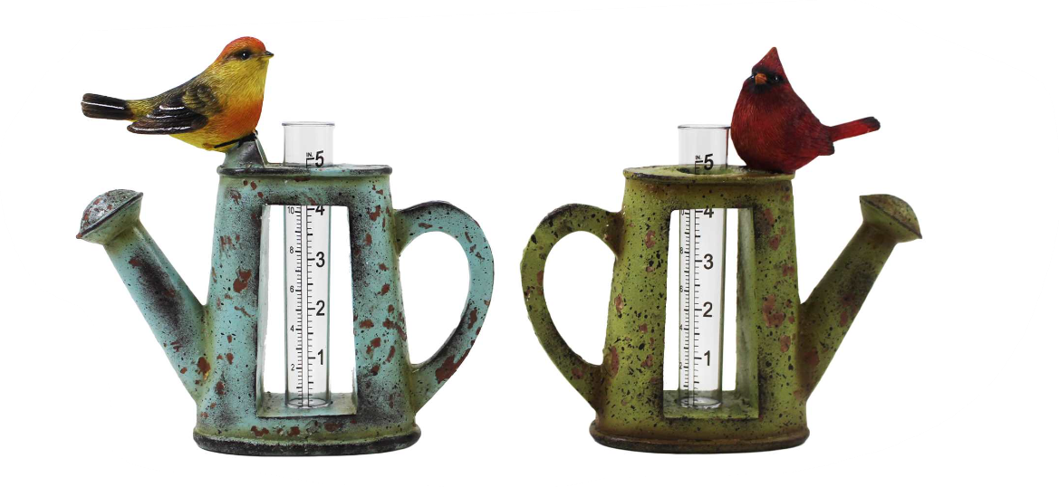 Rain Gauge - Water Can W/Sitting Bird Decor