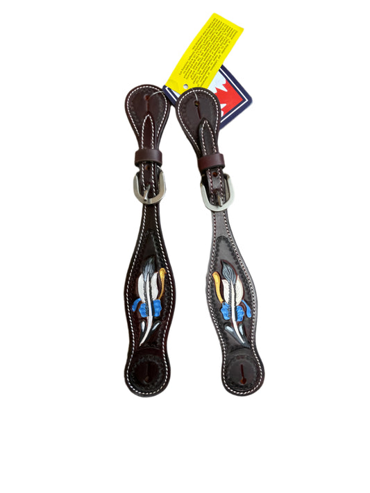 True North - Designer Spur Straps w/Painted Carved Feather
