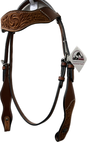True North - Leather Browband Headstall Two Tone W/Carvings and Silver