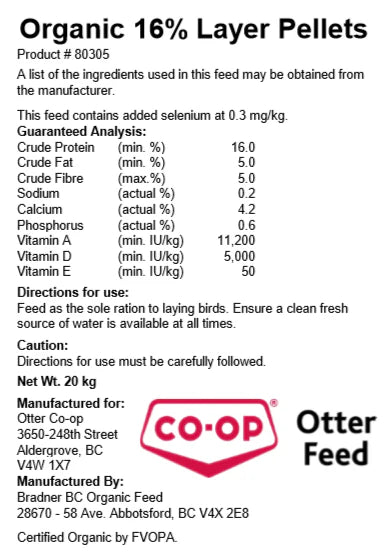 Organic - 16% Poultry Layer - Pelleted - 20kg