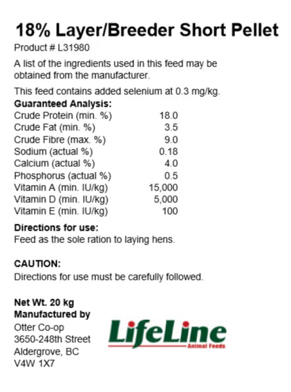 Otter Co-Op - Lifeline - 18% Layer/Breeder Short Cut Pellet