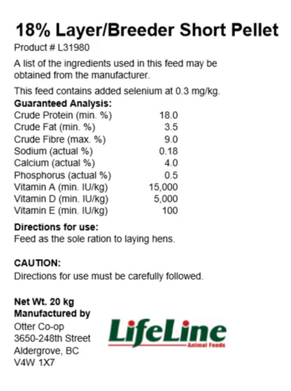 Otter Co-Op - Lifeline - 18% Layer/Breeder Short Cut Pellet
