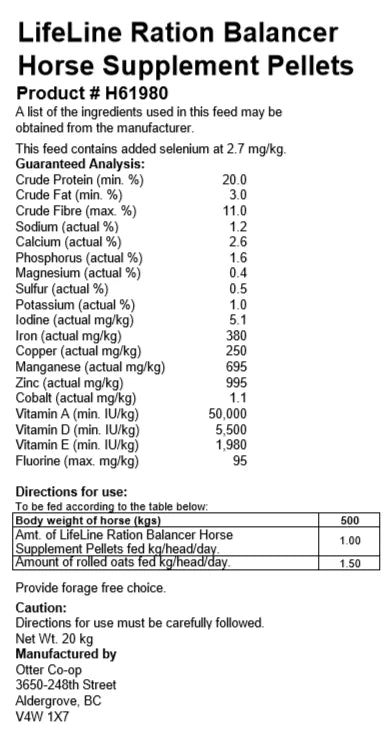 Lifeline Premium Horse - 20% Original Ration Balancer Supplement - 20kg - Pellet ( Special Order)