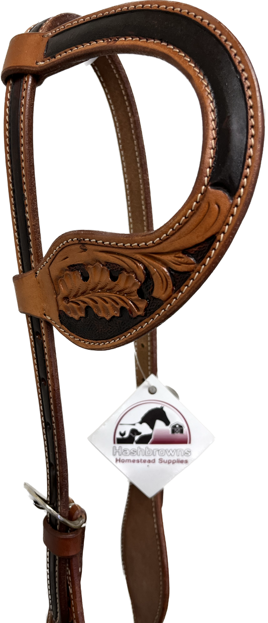 True North - One Ear Leather Headstall Carves Leaf w/Two Tone Carving