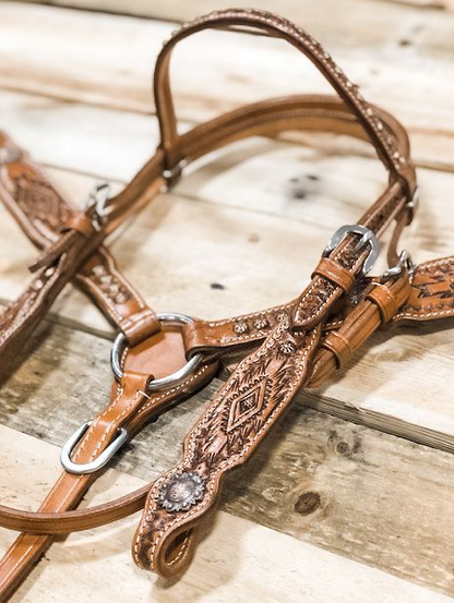 1D Saddlery - Aztec Tooled Pony Headstall and Breastcollar Set