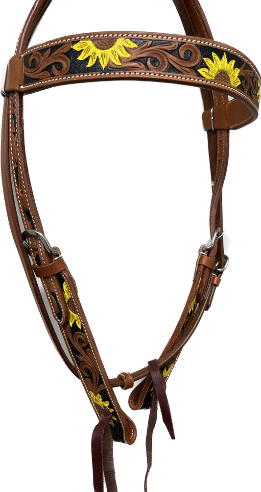 True North - Leather Browband - Wide w/carved and painted Sunflowers