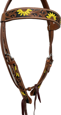 True North - Leather Browband - Wide w/carved and painted Sunflowers