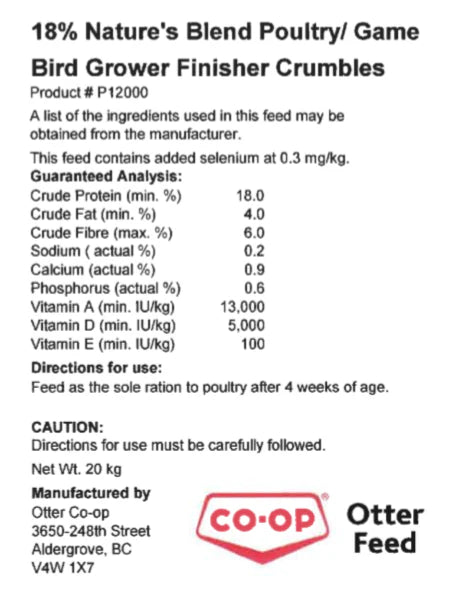 Otter Co-Op - Nature's Blend - 18% Poultry Grower Finisher - 20kg