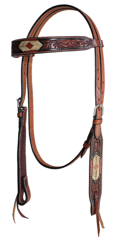 True North - Headstall w/Carved leaf & Rawhide Center - Weave and Ties