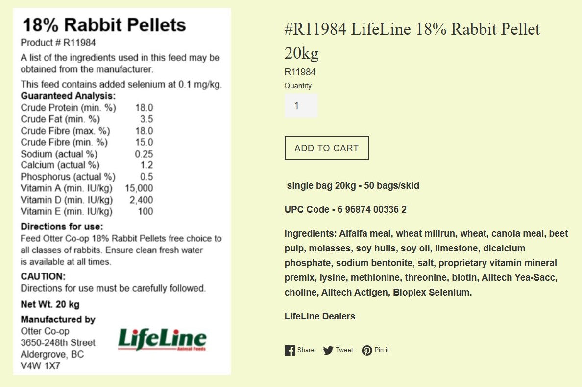 Otter Co-Op - Lifeline - 18% Rabbit Pellet (Special Order)