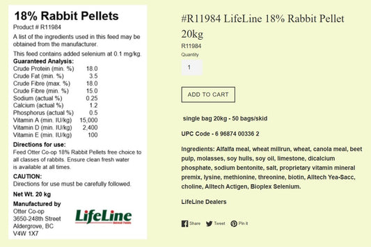Otter Co-Op - Lifeline - 18% Rabbit Pellet (Special Order)