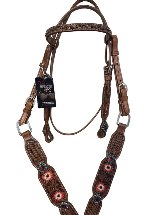 1D Saddlery - Red Flower Pony Headstall and Breastcollar Set