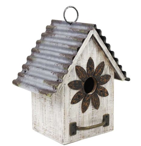 Wood W/Metal Roof Bird House - Distressed Flower