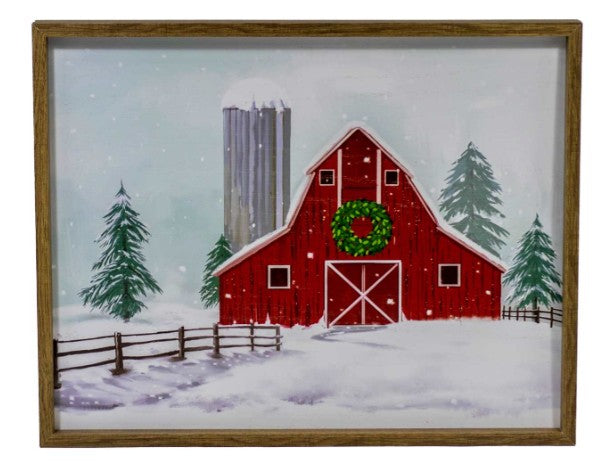 Christmas - Wood Framed Red Barn Canvas