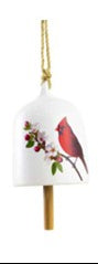 Three small white bells with colorful designs of a butterfly, cardinal, and sunflower on a white background.