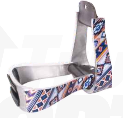 True North - Western Metal Stirrup - Painted Aztec Design - Orange and Blue