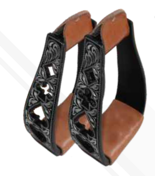 True North - Western Metal Stirrup - Engraved with Cutout Hearts & Diamonds - Black