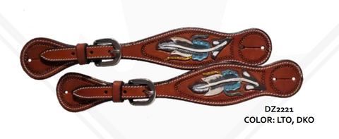 True North- Designer Spur Straps with Painted Carved Feather Light Oil