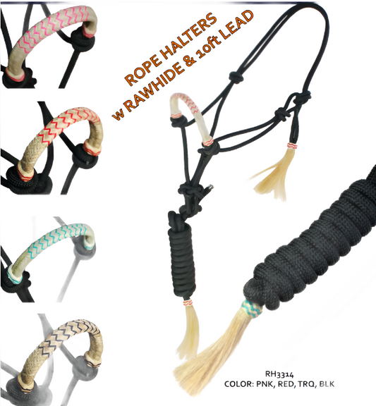 True North - Two Tone Rawhide Braided Rope Halter with 10 ft Lead - Assorted Colour