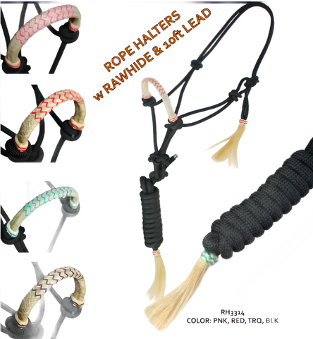 True North- Two Tone Rawhide Braided Rope Halter with 10 ft Lead- Assorted Colour