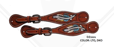 True North- Designer Spur Straps with Painted Carved Feather Dark Oil