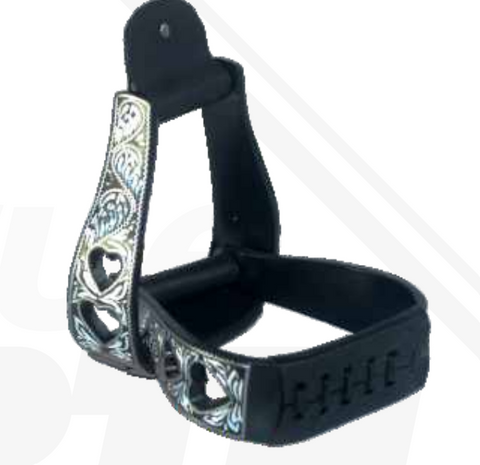 True North- Western Metal Stirrup- Engraved with Cutout Hearts- Black
