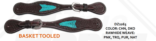 True North - Spur Straps - Basket Weave Dark Oil w/ Turquoise Rawhide Tooling