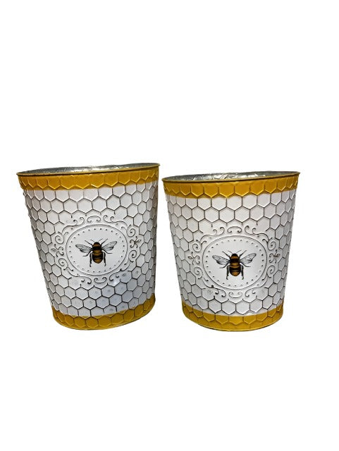 Metal Planter Bucket Set - White & Yellow Bee's
