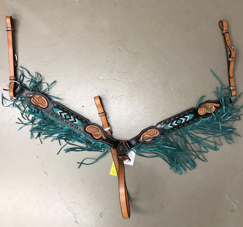 True North - Breast Collar Carved with Turquoise Buckstitch & Fringes